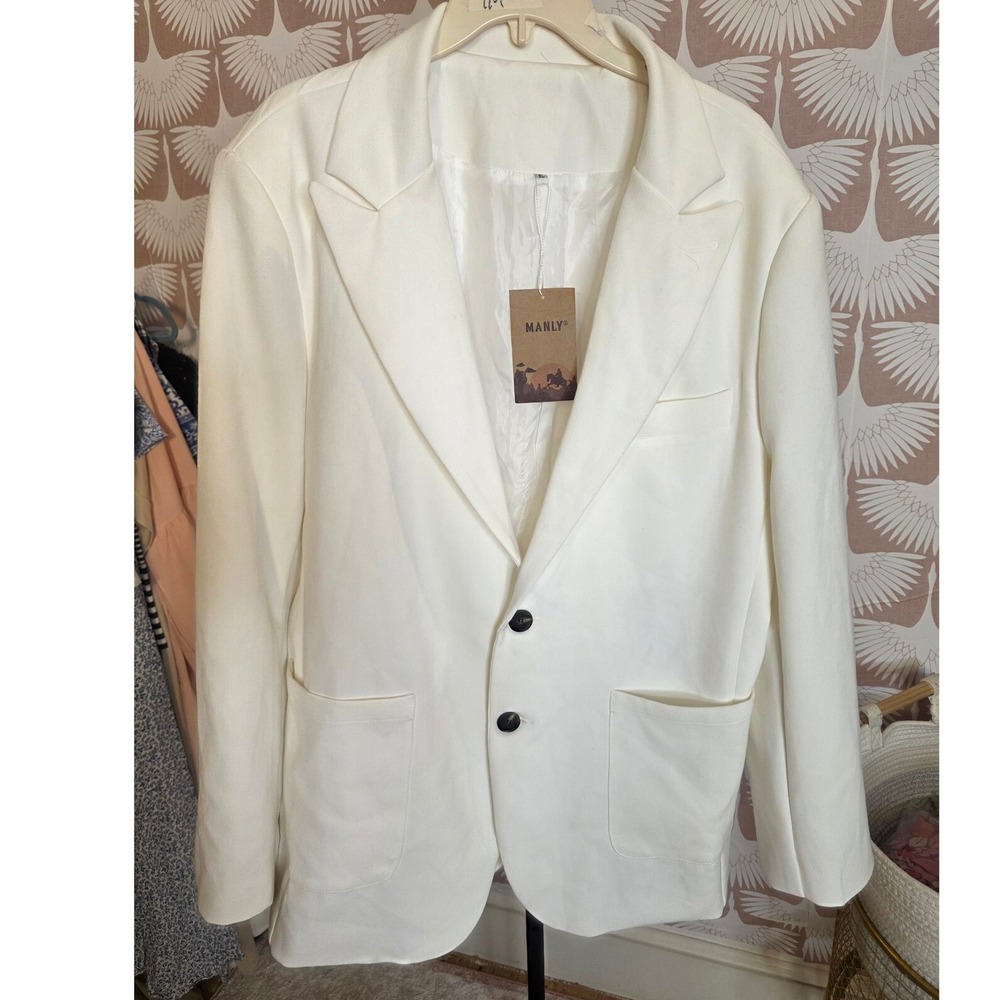 NWT Manly White Dralon Linen Notch Lapel Two Buttons Casual Blazer Sz XL Resort